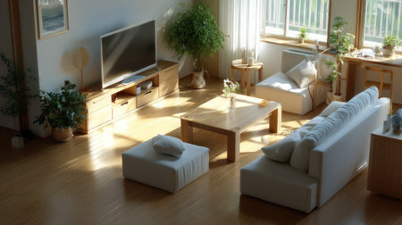 This bright and spacious modern living room features natural light streaming in and minimalist furniture, creating a cozy and inviting atmosphere.の素材