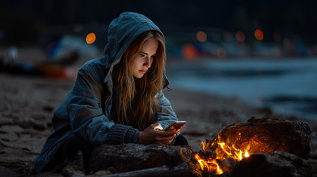 A young person sits quietly by a campfire on the beach, immersed in their smartphone. The warm glow of the flames contrasts with the blue dusk sky, creating a serene atmosphere perfect for relaxation and reflection.の素材