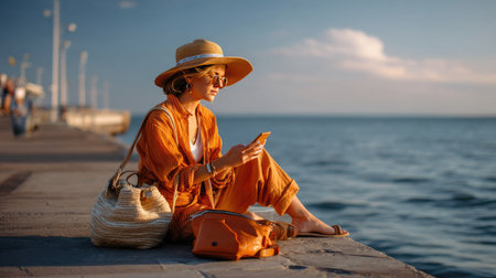 A woman dressed in an orange outfit and wide-brimmed hat sits on a pier by the water, enjoying the peaceful atmosphere while using her smartphone.の素材
