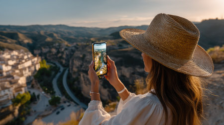 A woman wearing a straw hat admires the scenic sunset landscape while capturing the view on her smartphone, showcasing a moment of tranquility and exploration.の素材