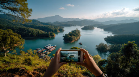 A stunning landscape showcasing a serene lake surrounded by majestic mountains. A person captures the moment with a smartphone, revealing nature's beauty.の素材