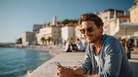 A young man relaxes by the seaside using his smartphone, showcasing a charming coastal scene with vibrant buildings and clear skies.の素材