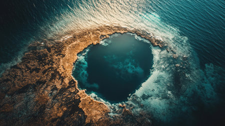 Captivating aerial image showcasing a circular blue hole in the ocean, encircled by rocky shoreline and vibrant waters, presenting a stunning natural wonder and serene environment.の素材
