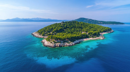 Capture the peaceful essence of a remote island, lush with greenery and surrounded by clear blue water, ideal for nature lovers and adventure seekers.の素材