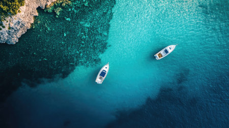 Discover a stunning aerial perspective of two small boats peacefully resting on vibrant turquoise waters, highlighting the magnificent coastline and natural surroundings in this tranquil setting.の素材