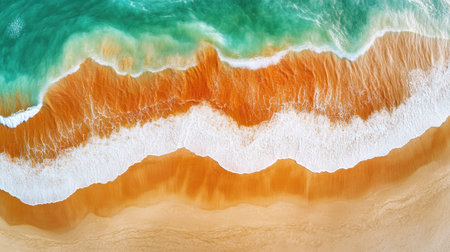 Stunning aerial view showcases a vibrant beach with turquoise waters and orange sands, where gentle waves create a serene and tranquil atmosphere perfect for relaxation.の素材