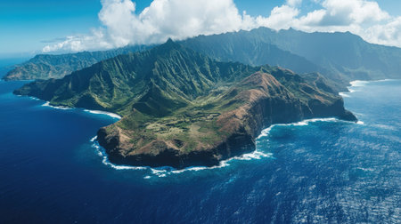 Stunning aerial view showcasing a breathtaking island with lush greenery and a dramatic mountain range surrounded by vibrant blue waters and fluffy white clouds.の素材