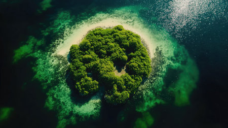 This aerial photograph captures a vibrant green island surrounded by sparkling blue waters, showcasing the untouched beauty of nature in a tropical paradise.の素材
