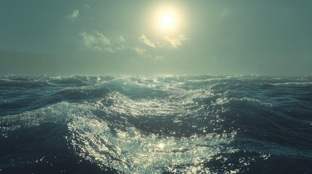 A beautiful view of ocean waves illuminated by sunlight, reflecting light and creating a calming atmosphere, perfect for inspiring relaxation and artistic creativity.の素材