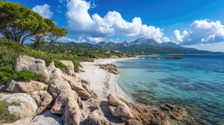 A breathtaking coastal scene featuring a rocky shoreline and clear blue water, surrounded by lush vegetation and majestic mountains under a stunning sky. Ideal for travel inspiration.の素材