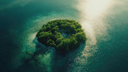 Experience a stunning aerial view of a small tropical island, surrounded by calm blue waters and lush vegetation, showcasing the tranquil beauty of nature and the allure of untouched landscapes.の素材