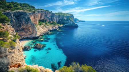 Discover a stunning coastal landscape featuring clear turquoise waters, rocky cliffs, and lush greenery under a bright blue sky, perfect for relaxation and exploration.の素材