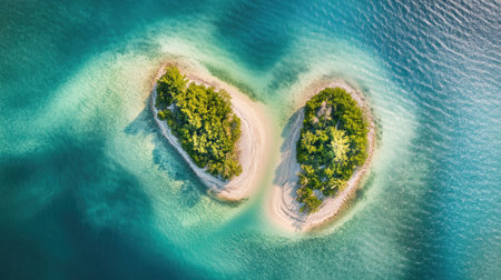 A breathtaking aerial view showcasing two small islands embraced by stunning turquoise waters, creating a peaceful escape perfect for relaxation and adventure seekers.の素材