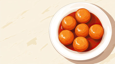 Indulge in these beautiful round desserts soaked in sweet syrup, served in a white bowl on a textured surface, offering a delightful visual and delicious experience.の素材