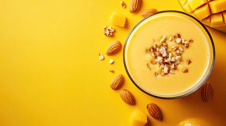 A bright, inviting bowl of creamy mango smoothie, garnished with chopped nuts, surrounded by almonds and mango chunks on a cheerful yellow backdrop. Perfect for a healthy snack!の素材