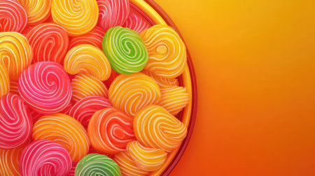 A lively assortment of swirled hard candies in vibrant colors rests in a bowl, set against a bright orange background, perfect for sweet-themed projects or seasonal festivities.の素材