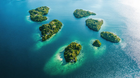 This stunning aerial view captures a beautiful tropical island archipelago surrounded by clear blue waters and lush greenery, showcasing a serene and tranquil landscape.の素材