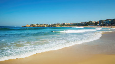 This stunning beach scene features gentle waves lapping against the golden shore under a bright blue sky, perfect for relaxation and inspiring coastal vacations.の素材