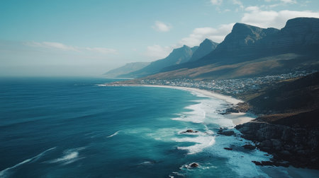 Experience the stunning beauty of a coastal landscape featuring majestic mountains and serene ocean waves on a vibrant sunny day in Cape Town, South Africa.の素材