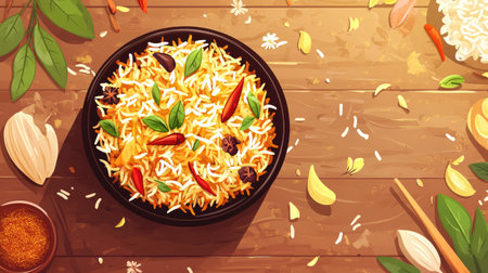 A vibrant bowl of aromatic rice dish, artfully garnished with fresh herbs and spices, creates an inviting scene on a rustic wooden table, ideal for capturing culinary inspiration.の素材