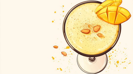 An artistic illustration of a refreshing mango smoothie garnished with fresh mango cubes and seeds, perfect for summer designs and culinary projects.の素材