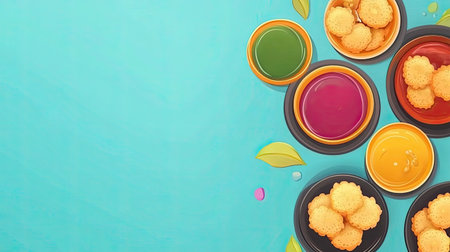 A bright blue background hosts an array of colorful bowls filled with delicious Indian sweets and snacks, creating a festive and appealing arrangement perfect for celebrations.の素材