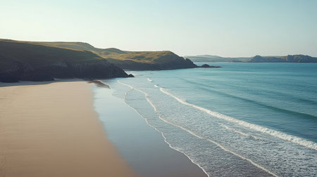 Discover a breathtaking coastal scene featuring gentle waves lapping against a sandy beach under a clear sky, perfect for evoking peace and tranquility in any project.の素材