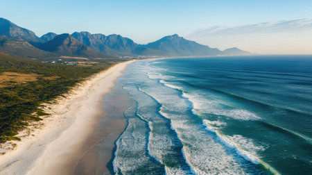 A breathtaking aerial view of a serene beach with gentle waves lapping onto soft sand and majestic mountains in the background, perfect for nature and travel themes.の素材