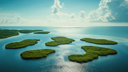 A stunning aerial perspective showcasing vibrant green islands amidst sparkling blue waters under a bright sky, ideal for nature lovers and travel enthusiasts seeking tranquility.の素材