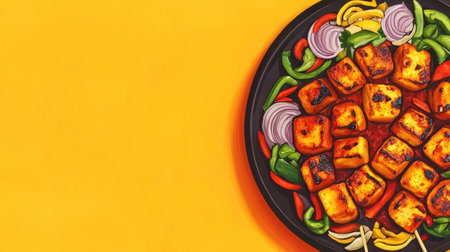 A vibrant arrangement of grilled tandoori paneer skewers alongside fresh vegetables, showcased on a bright yellow background, perfect for food photography and culinary presentations.の素材