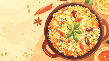 A vibrant rice dish showcases a blend of spices and herbs, presented in a traditional pot. Ideal for food photography, this image evokes warmth and culinary delight.の素材