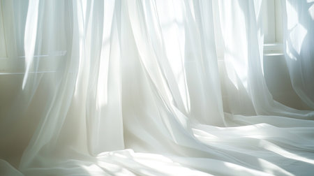 Soft sunlight filters through sheer white curtains, creating a tranquil ambiance while casting gentle light patterns across the cozy indoor space, evoking serenity and calm.の素材
