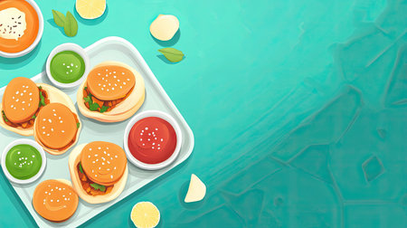 An inviting food display featuring delicious burgers accompanied by vibrant green and red sauces, perfect for a delightful meal or snack on a sunny day.の素材