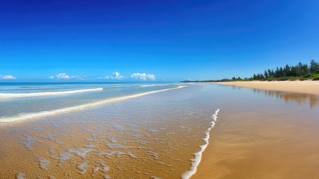 Discover a stunning tropical beach featuring golden sands, gentle waves, and a vibrant blue sky, creating an ideal backdrop for relaxation and adventure.の素材