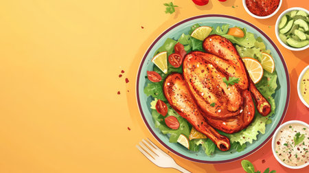 A vibrant plate of grilled chicken surrounded by fresh vegetables and lime slices, perfect for a summer gathering or a delightful family meal.の素材