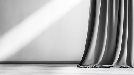 A sophisticated gray curtain softly drapes against a minimalist backdrop, creating an elegant ambiance with light and shadow interplay, perfect for enhancing interior spaces.の素材