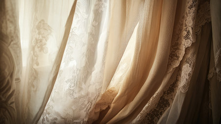 Beautiful drapes with intricate lace detailing allow soft, warm light to cascade into the room, enhancing the decor's elegance and inviting a serene atmosphere.の素材