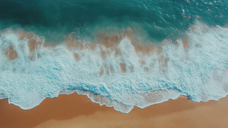 Experience the captivating beauty of ocean waves gently crashing against a golden sandy beach, captured in this stunning aerial view showcasing nature's serene landscape.の素材