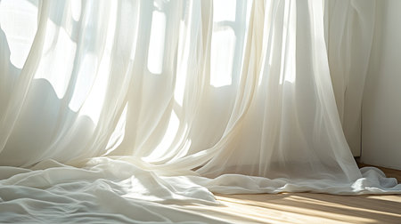 Soft white curtains gently cascade on a wooden floor, illuminated by warm natural light, creating a tranquil and serene indoor atmosphere perfect for relaxation.の素材