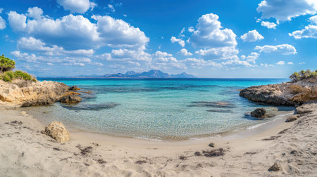 Capture the essence of a tranquil beach scene featuring clear turquoise waters and fluffy clouds under a radiant sky, perfect for serene escapes and nature appreciation.の素材