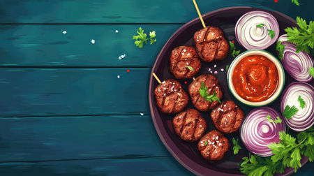 A stunning illustration of delicious grilled meat skewers served with onions and a spicy sauce on a dark wooden table, perfect for culinary or food marketing materials.の素材