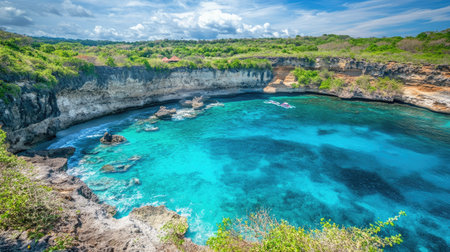 Discover a stunning coastal view featuring crystal clear waters and dramatic cliffs, surrounded by lush greenery, perfect for nature lovers and travel enthusiasts.の素材