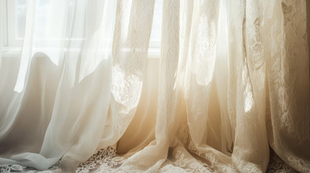 Ethereal curtains softly billowing in sunlight create a serene indoor atmosphere, showcasing delicate textures and inviting warmth for a cozy home environment.の素材