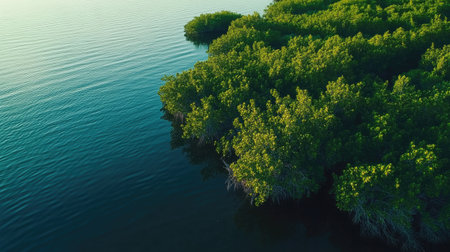 Capture the essence of nature with this aerial view of a vibrant mangrove forest reflecting in calm waters, showcasing the beauty and tranquility of coastal ecosystems.の素材