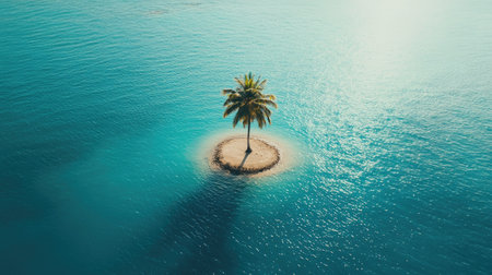 Tiny uninhabited island with a single palm tree, surrounded by turquoise ocean, ample copy spaceの素材