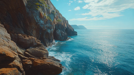 Secluded cove along the Wild Coast with rugged cliffs and blue sea, copy spaceの素材