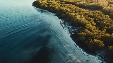 Scenic coastline with mangrove trees lining the edge of an island near Florida, copy spaceの素材