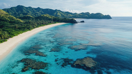Remote beach with vibrant coral reefs visible through clear ocean waters, copy space includedの素材