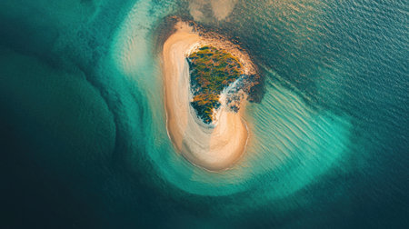 Remote island with a sandbar emerging during low tide, bordered by turquoise waters, copy spaceの素材