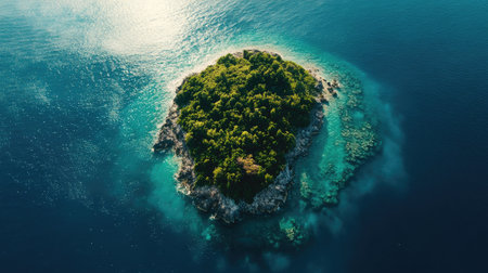 Remote island covered in tropical vegetation surrounded by sparkling blue ocean, copy spaceの素材